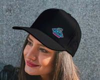 Woman wearing a black cap with a retro Florida High Performance logo.